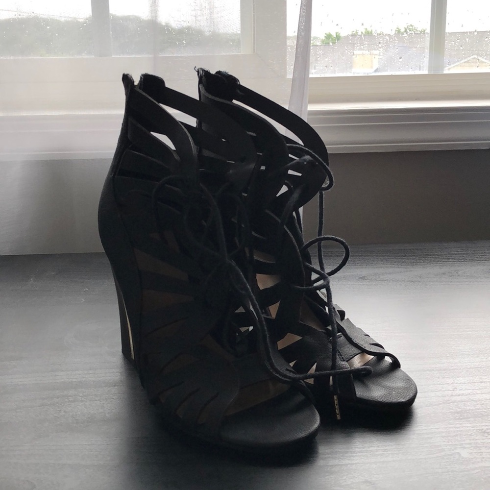 Call it Spring Black and Gold Lace Up High Heels Size 7